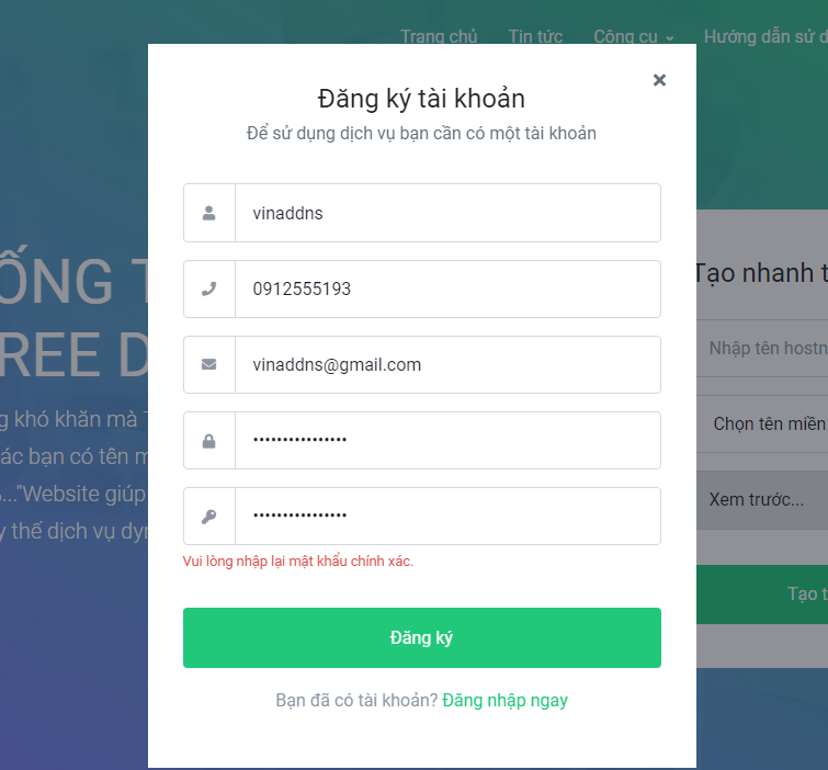 Điền thông tin đăng ký tài khoản vinaddns.com